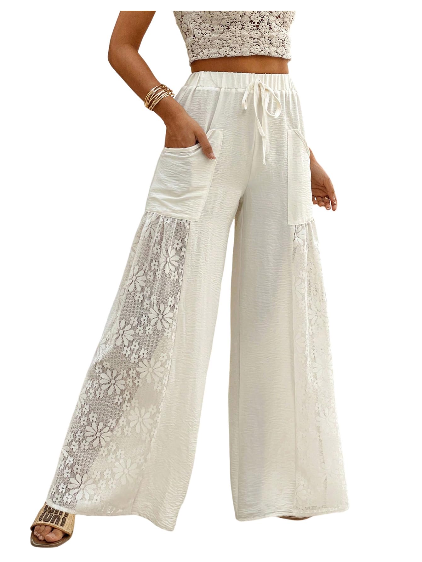 OYOANGLE Womens High Waisted Drawstring Palazzo Pants Contrast Lace Sheer Wide Leg Trousers with Pocket
