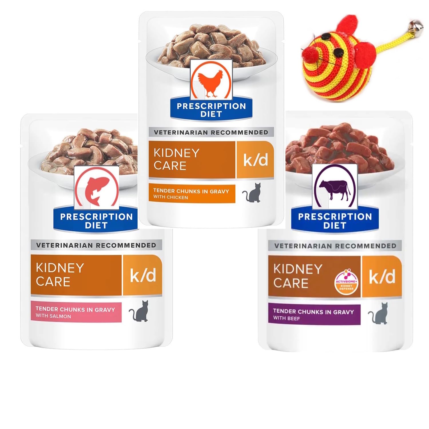 Diet Feline k/d Kidney Care Wet Cat Food Chicken 4x85g Beef 4x85g. Salmon 4x85g. and Little Colorfull Toy with bell for your Cat
