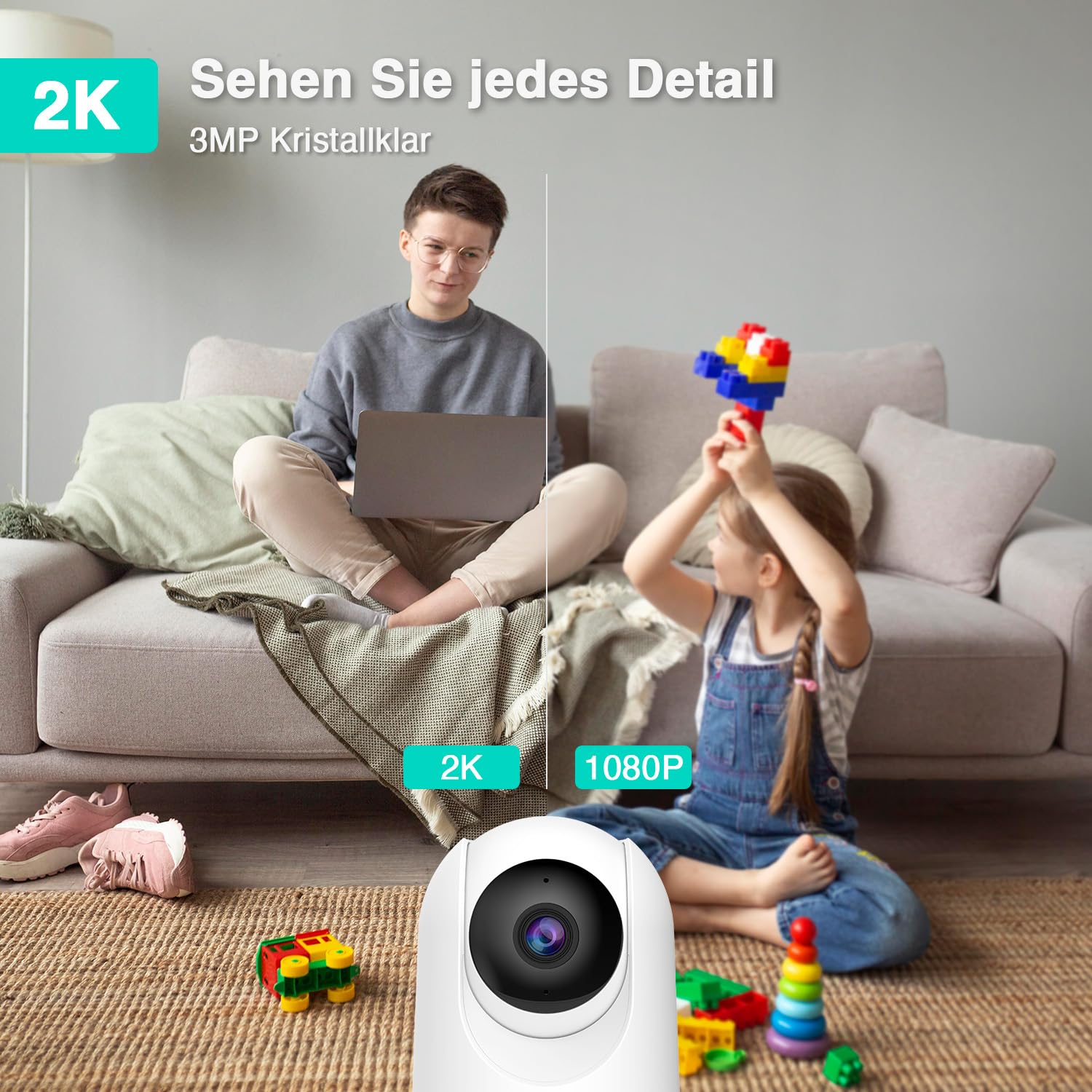 BOTSLAB Kamera monitorująca 2K do wnętrz, elektroniczna niania z kamerą, 360°, Wi-Fi, monitorowanie z wykrywaniem ruchu i wykrywaniem hałasu, 2-drożne audio, widoczność w nocy, kompatybilna z Alexa,