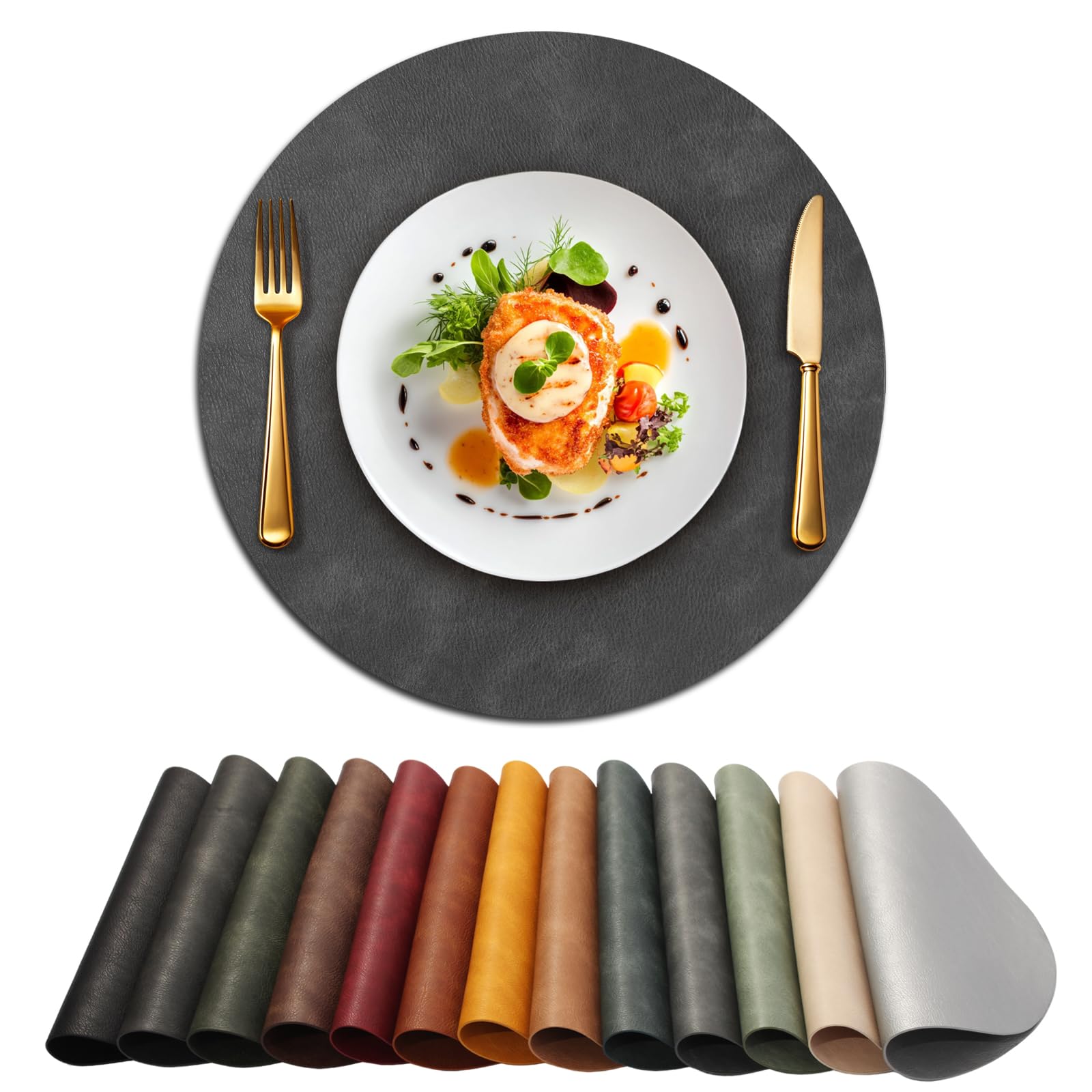 UnivoColors Placemats Round Faux Leather Placemats Set of 6-Waterproof-Wipe Clean-Heat Resistant-Anti Slip Dining Table Place Mats,Suitable for Indoor &amp; Outdoor Use,15".Retro Dark Gray