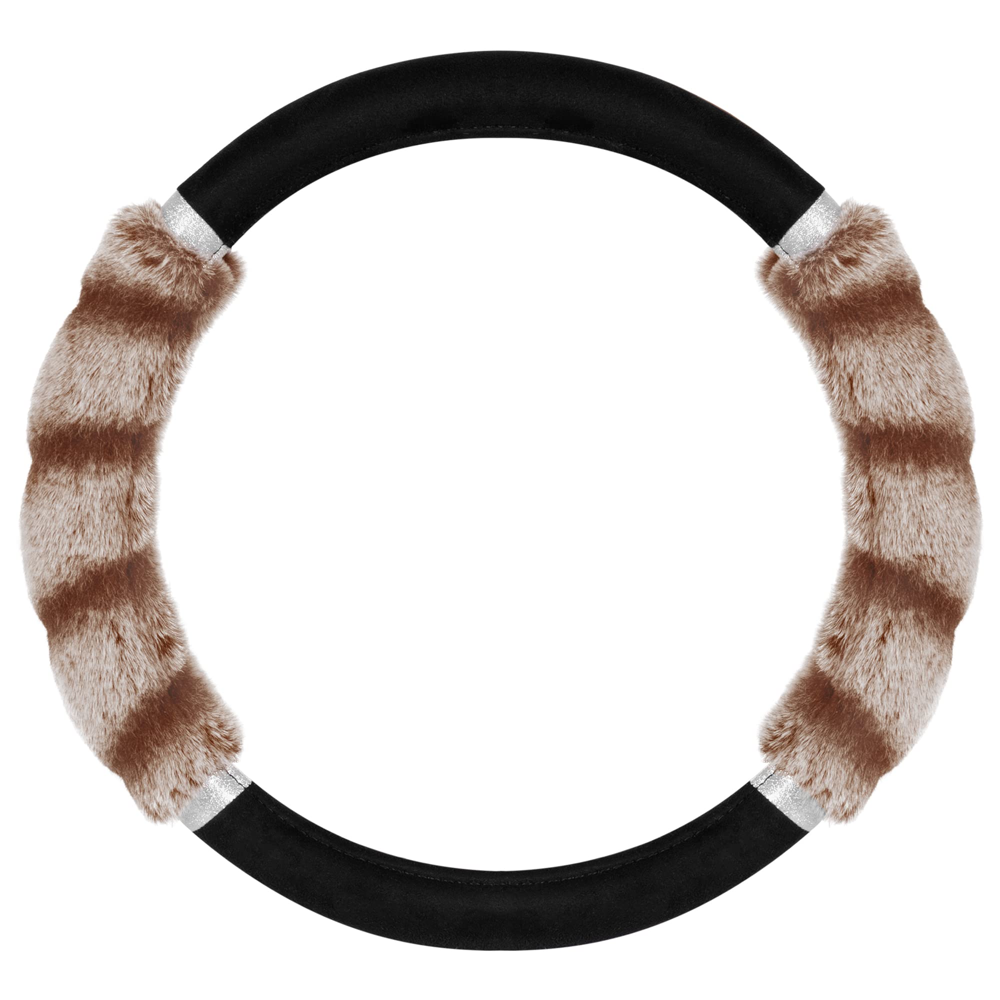 BDK Bear Fur Steering Wheel Cover, Plush Faux Fur Fuzzy Steering Cover for Car Truck Van SUV, Standard Size Fits Wheels 14.5-15 in Diameter, Two Tone Black/Brown with Glitter