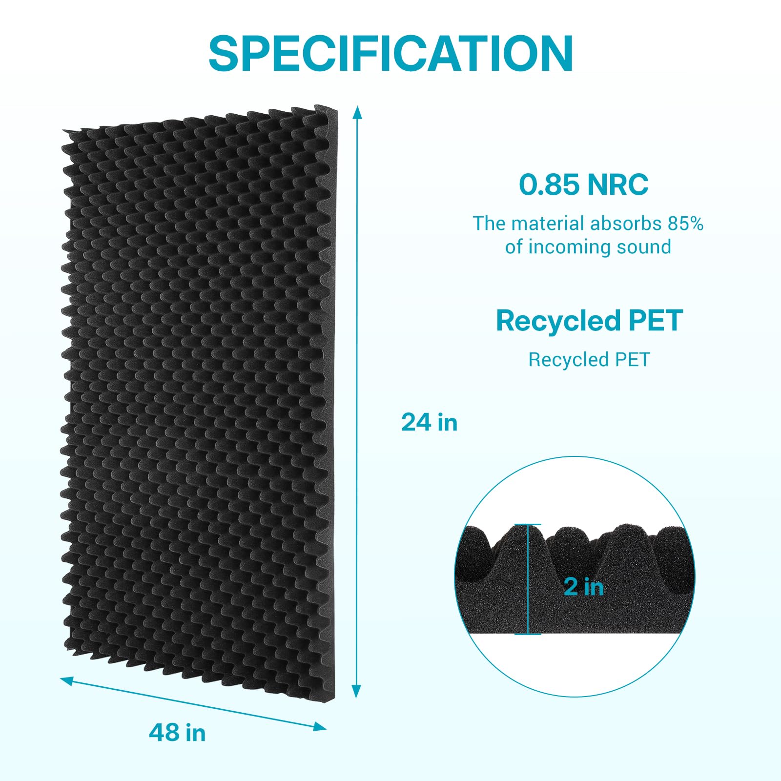 Paquete de 4 negros de 48 x 24 x 2 pulgadas con alta densidad de 23 kg/m³. Está hecho de material ignífugo respetuoso con el medio ambiente y sirve como un panel de pared absorbente y aislante