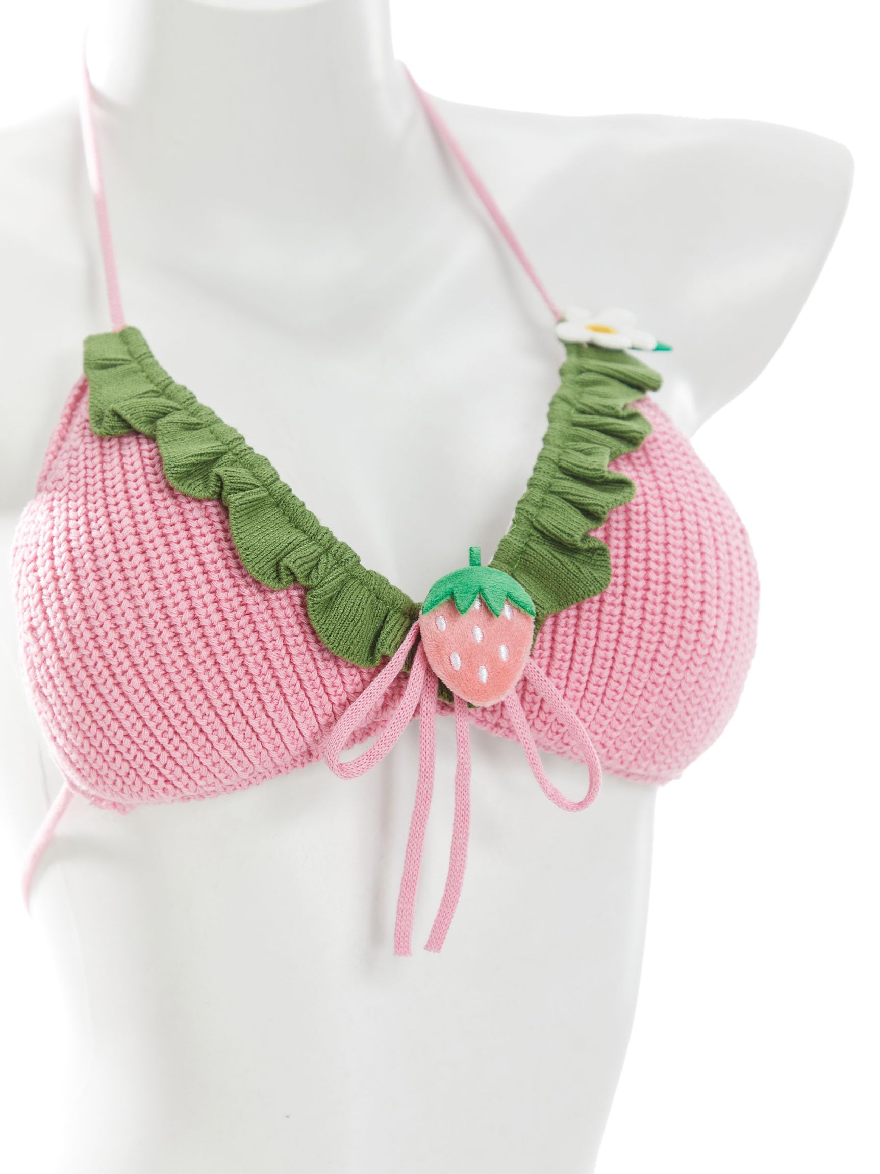 haikyuu Women Strawberry Bikini Crochet Swimsuit Tie Side Two Piece Bathing Suit Halter Triangle Cute Swimwear: Standard Large Pink