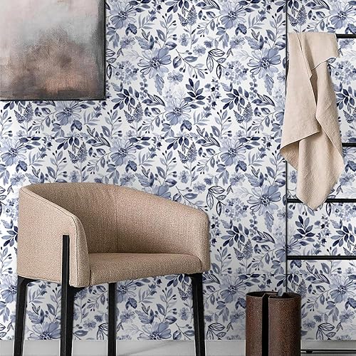 Miniatura 2 de Papel tapiz autoadhesivo de 18 x 236 pulgadas, diseño de acuarela azul marino y blanco, papel de contacto extraíble para cocina, dormitorio, baño,