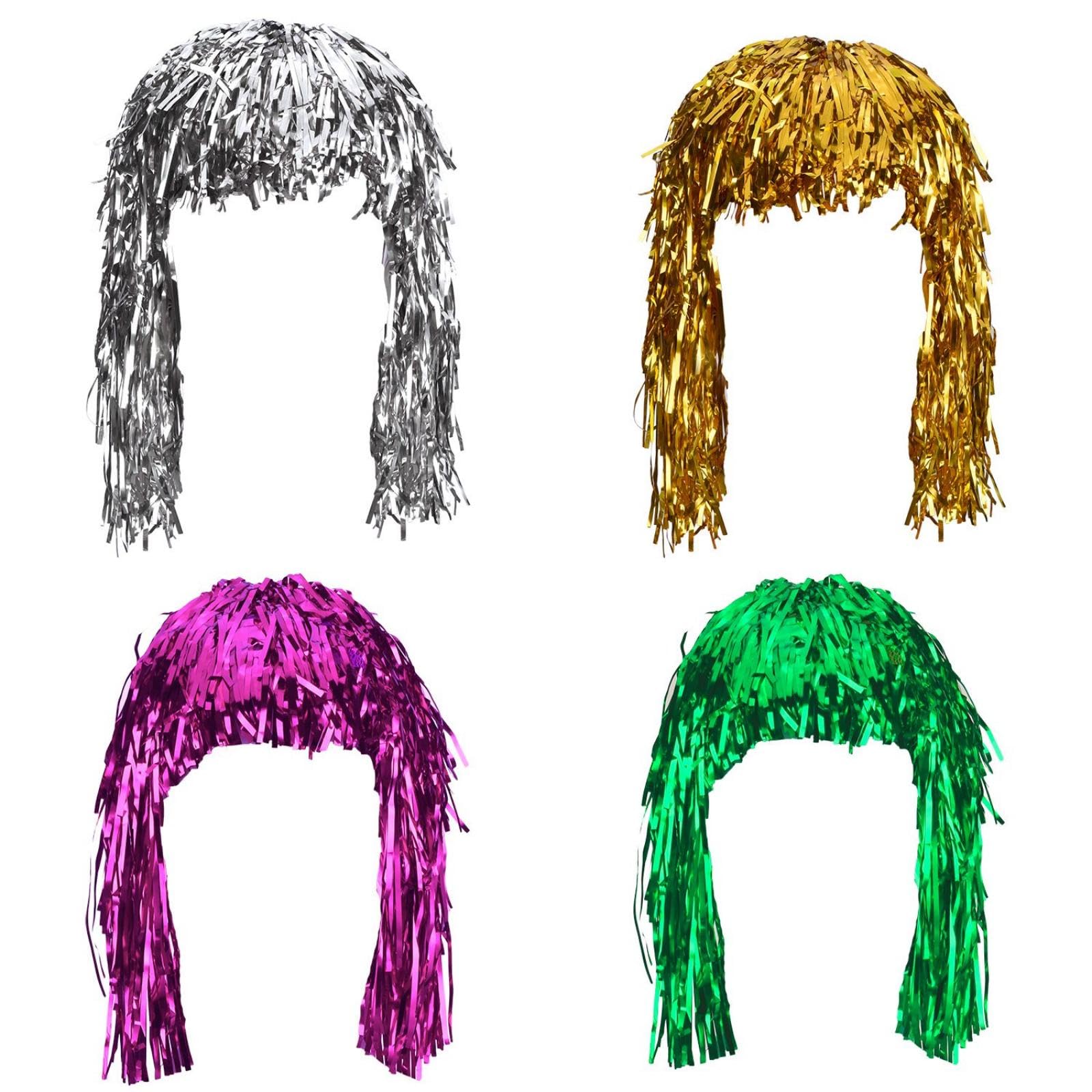 Tazweeq Foil Tinsel Wigs,Fancy Dress Shiny Party Wig Adults Metallic,Cosplay Supplies (4 Pieces,Gold, Silver, Green and Pink)