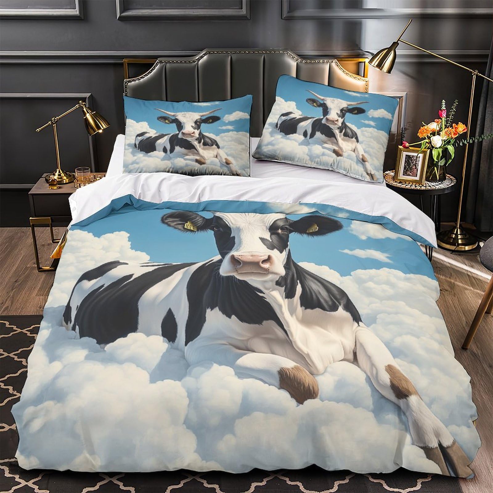 Housse de Couette Vache 3D en Microfibre 200x200 cm avec 2 Taies d'Oreiller