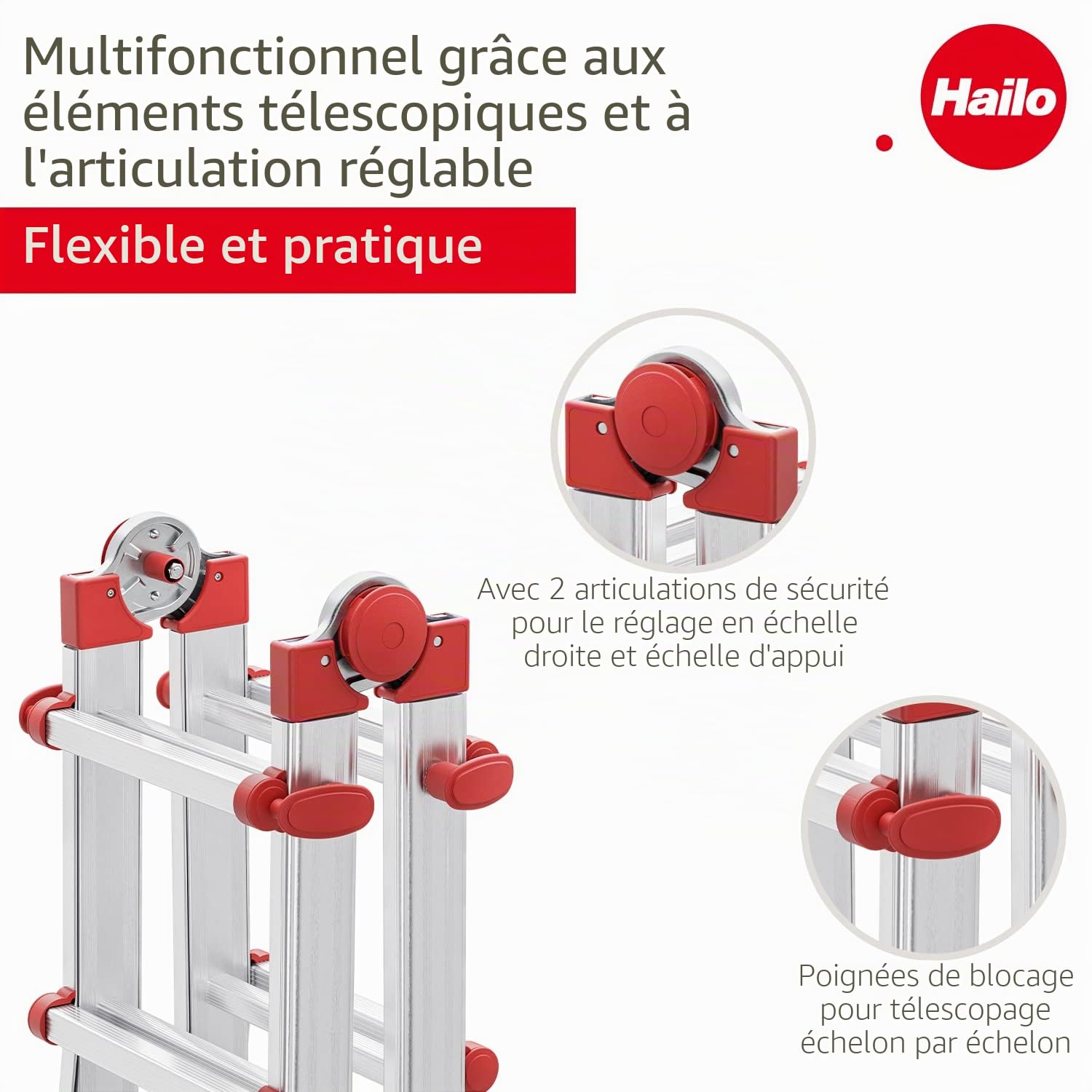 Hailo M80 7516007 Aluminium Echelle Polyvalente Hauteur de Travail (Max.): 4.70 m Argent, Rouge 12.7 kg