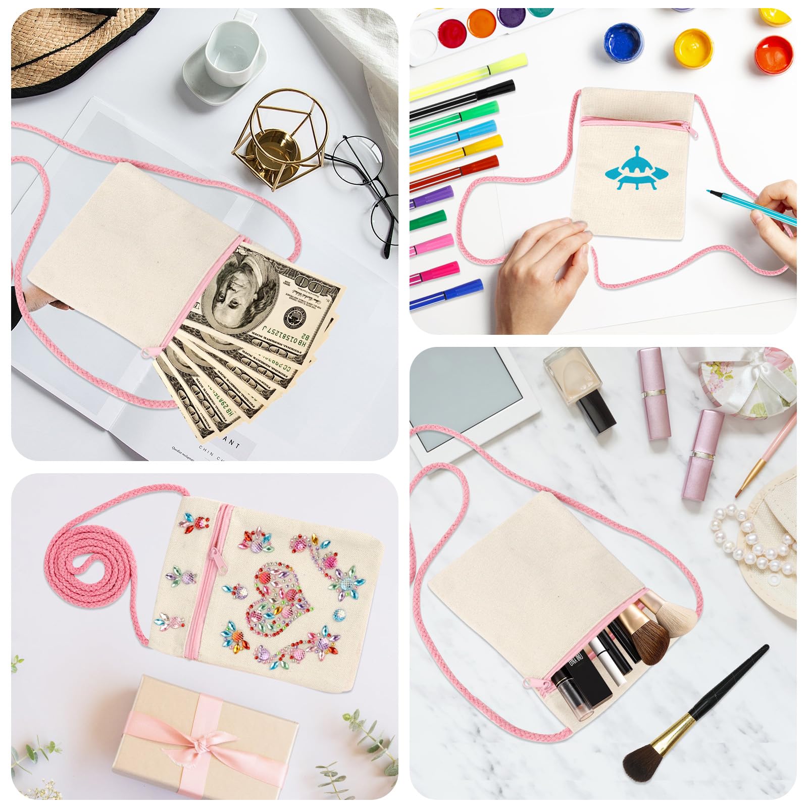 Stoffbeutel zum Bemalen für Kinder,Rosa Umhängegeldbeutel Kinder,Brustbeutel zum Bemalen mit 4 Aufkleber 8 DIY Malschablonen und 12 Buntstift,Kleine Schultertaschen für Schule,Party,Geschenk