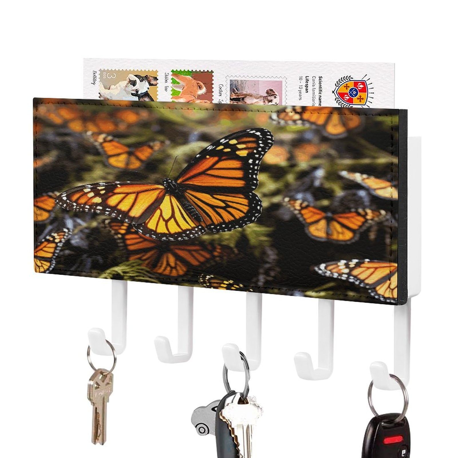 Fekiloot White-Style Heaps Of Orange Monarch Butterflies Key Holder For Wall Decorative Mail Organizer With 5 Key Hook Self Adhesive Key Rack With Tray Coat Rack Wall Mount Key Hanger Decor For Entryway Door