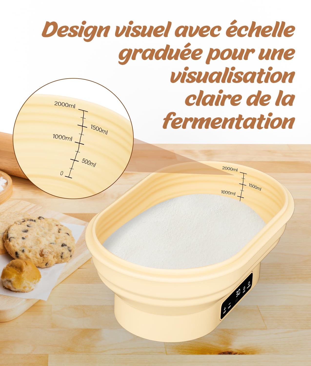 WADEO Panier de Pousse à Levain Chauffant, Chauffe-Levain Pro Électrique - Boîte de Pousse 28cm, Thermostat 6 Niveaux (25-50°C), Minuterie, Silicone Alimentaire Pliable - Pour Pain, Pizza, Yaourt