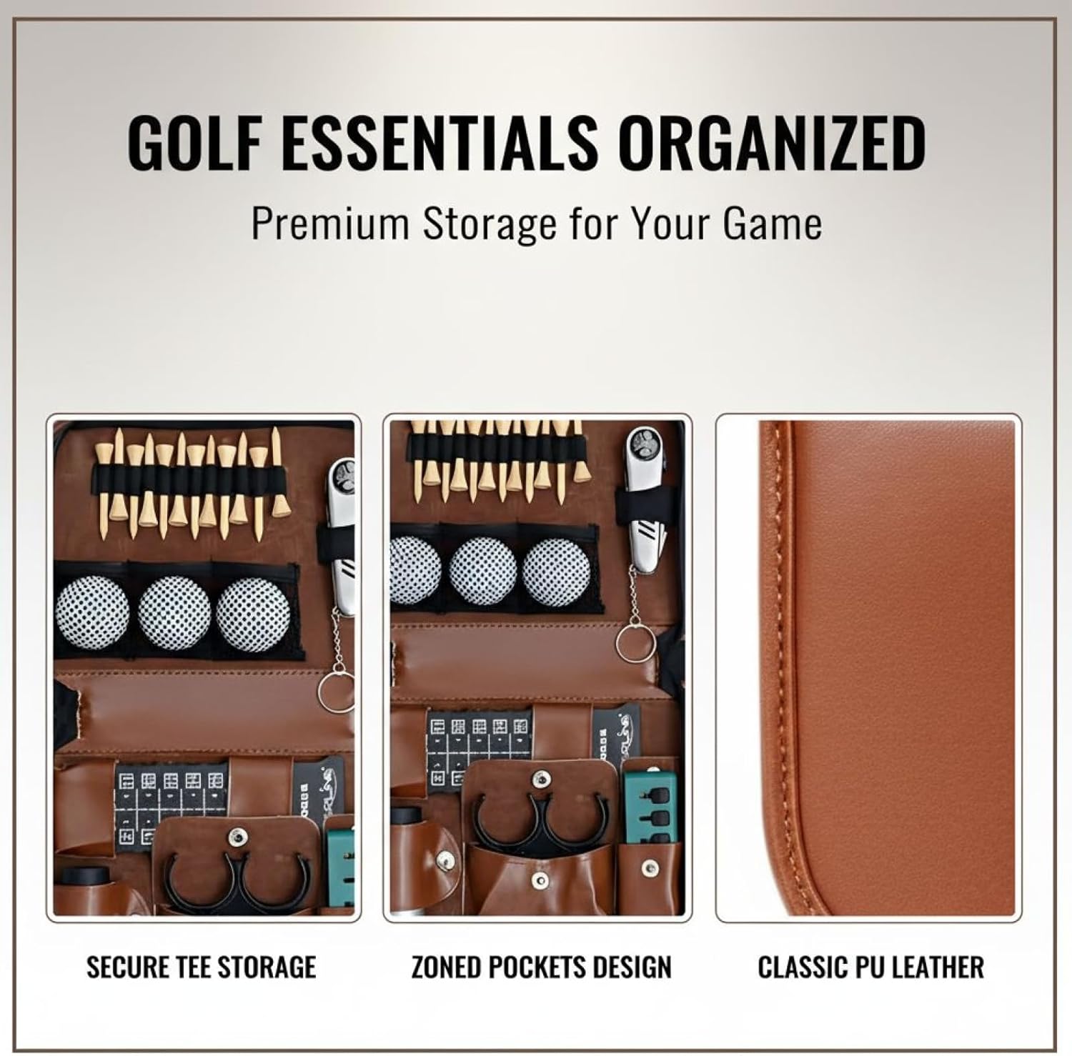 Golf Accessories Tool Bag Set, Portable Multi-Compartment Leather Organizer, Rangefinder Pocket, Elastic Band, Zippered Gift Set, 9.8 X 6.7 X 2.4 in