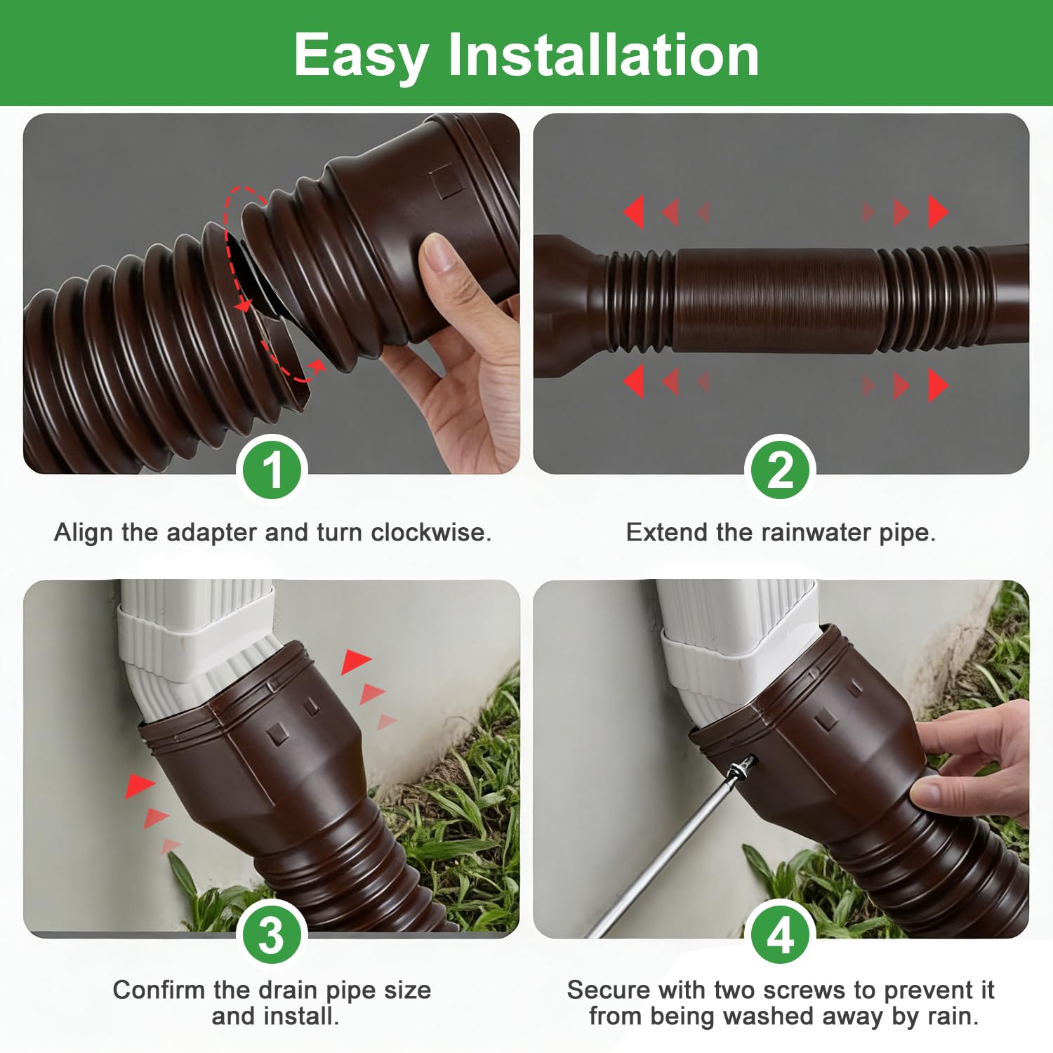 Extensiones de Bajante de Canal de Lluvia Extension de 80/100 mm Alargador Flexible Canalón Canalones y Bajantes Extensor Canalon Retráctil de 47 a 150 cm (Marrone - 2 pezzi)