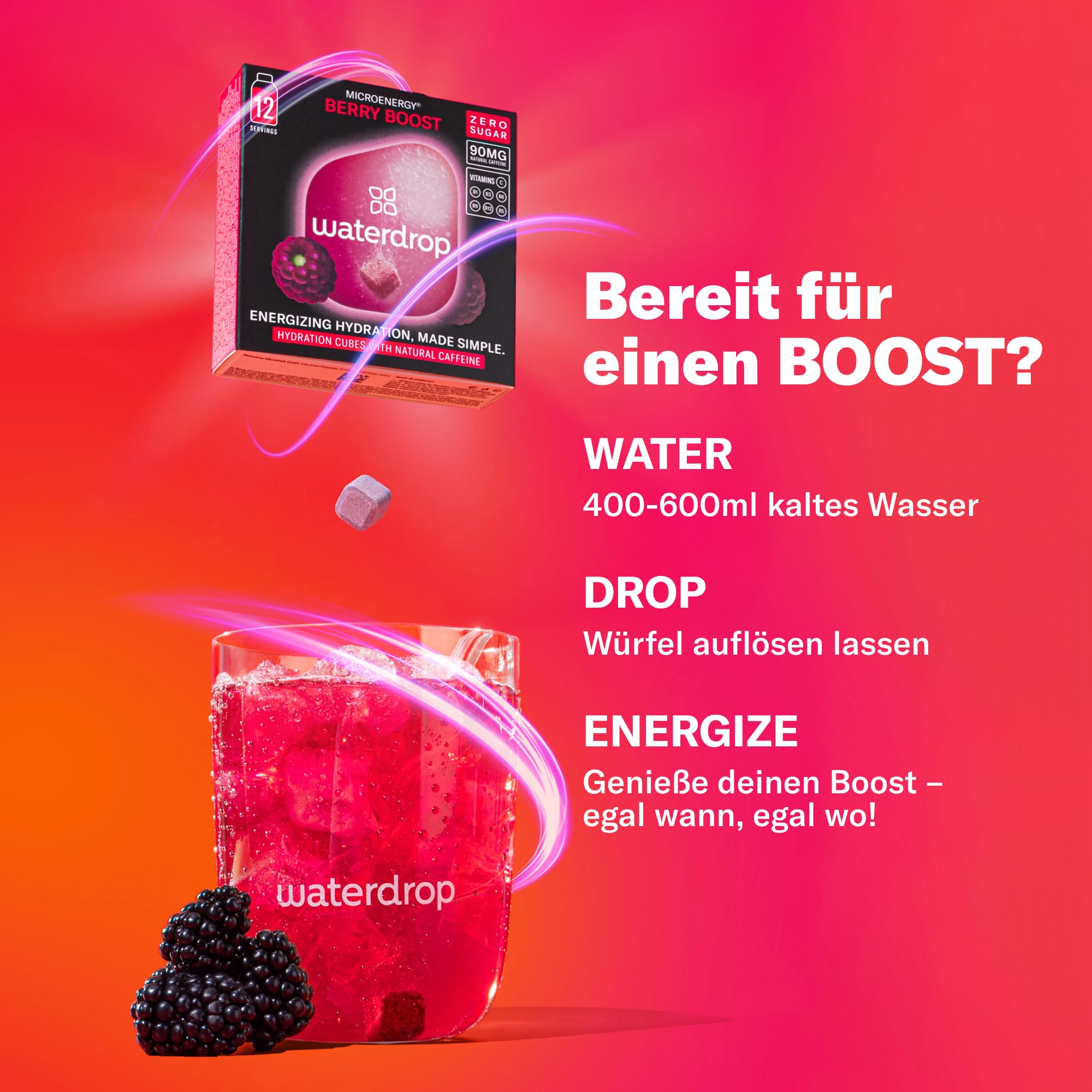 waterdrop® Microenergy Set, Energy Drink Pulver, 36 Würfel Getränkepulver, Mango, Kirsche & Brombeere Geschmack, Zuckerfrei & Kalorienarm, Mit 90 mg Natürlichem Koffein, Vitamin C & B – Flavour Drops