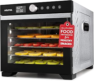 Gourmia Digital Food Dehydrator – 6 Stainless Steel Trays, 360° Airflow, One-Touch Presets, Adjustable Temp 95–165°F, Timer, Glass Door, Quiet Operation, 600W – Healthy Snacks, Jerky, Fruits & More