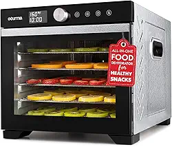 Gourmia - Desidratador digital de alimentos, 6 bandejas de aço inoxidável, fluxo de ar de 360°, predefinições de um só toque, temperatura ajustável de 100 a 160 °F, temporizador, porta de vidro