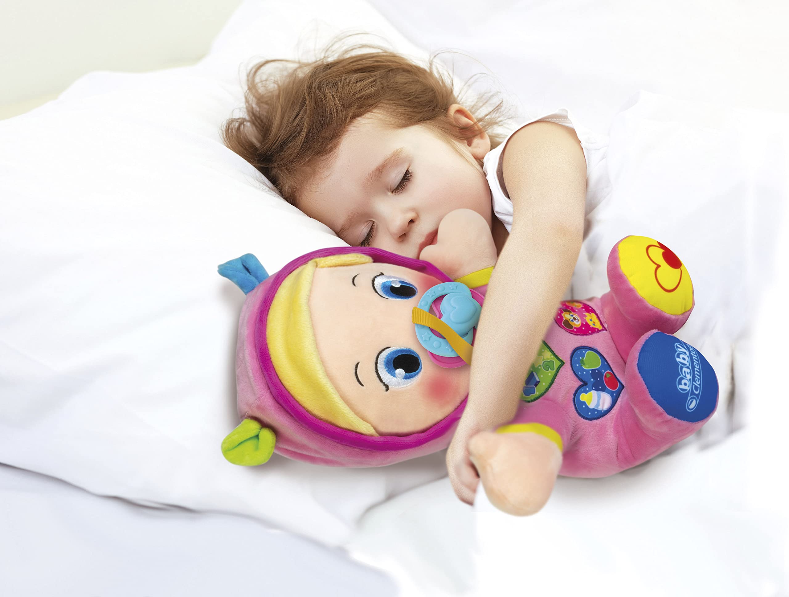 Clementoni Baby Alice, la Mia Prima Bambola, Peluche Bambini 10+ Mesi, Centro Attività con Ciuccio e 3 Tasti per Imparare Forme, Numeri, Colori, Parole e Versi degli Animali, Lingua Italiana, 17201