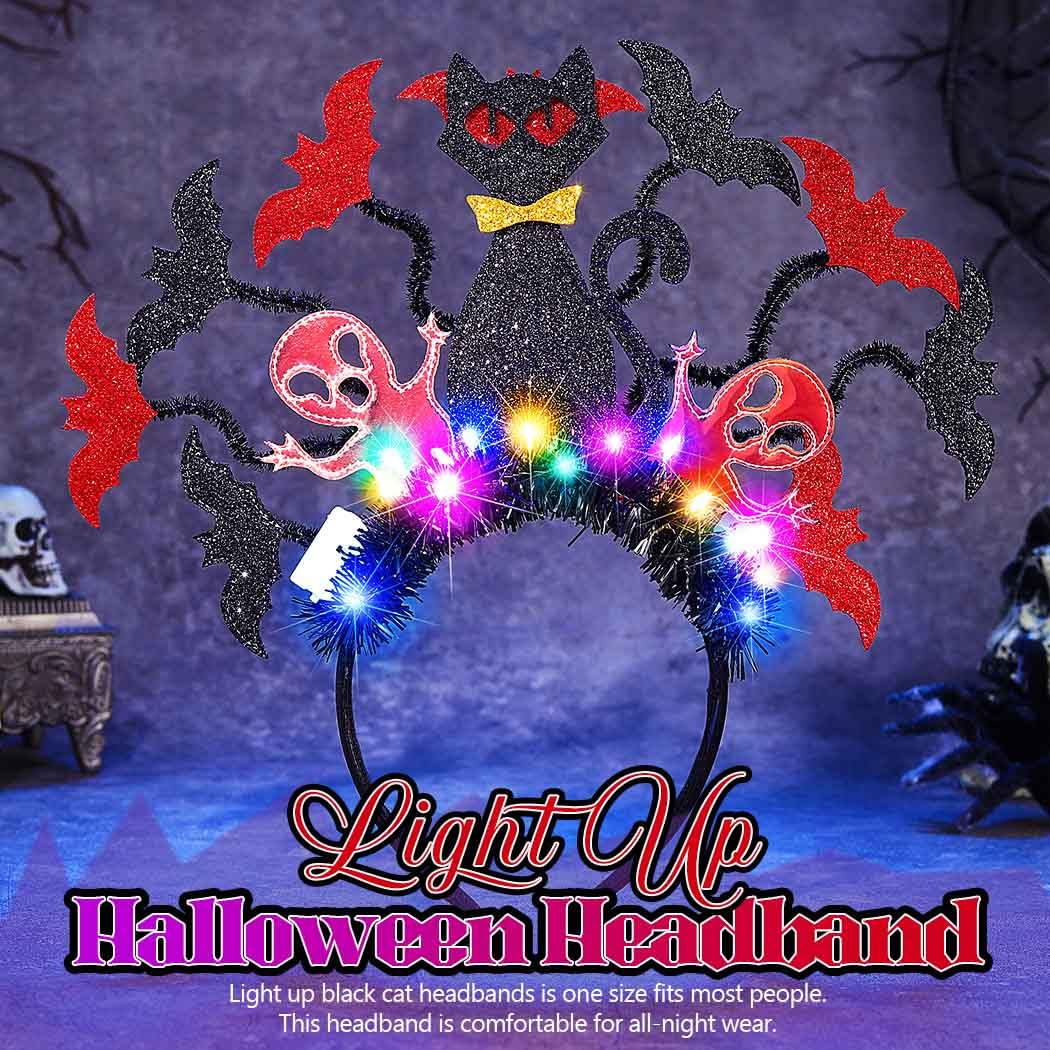 Zoestar Light Up Halloween Headband LED Black Cat Headbands Bat Ghost Hair Hoop Festival Costume Hair Accessories for Women - Image 2
