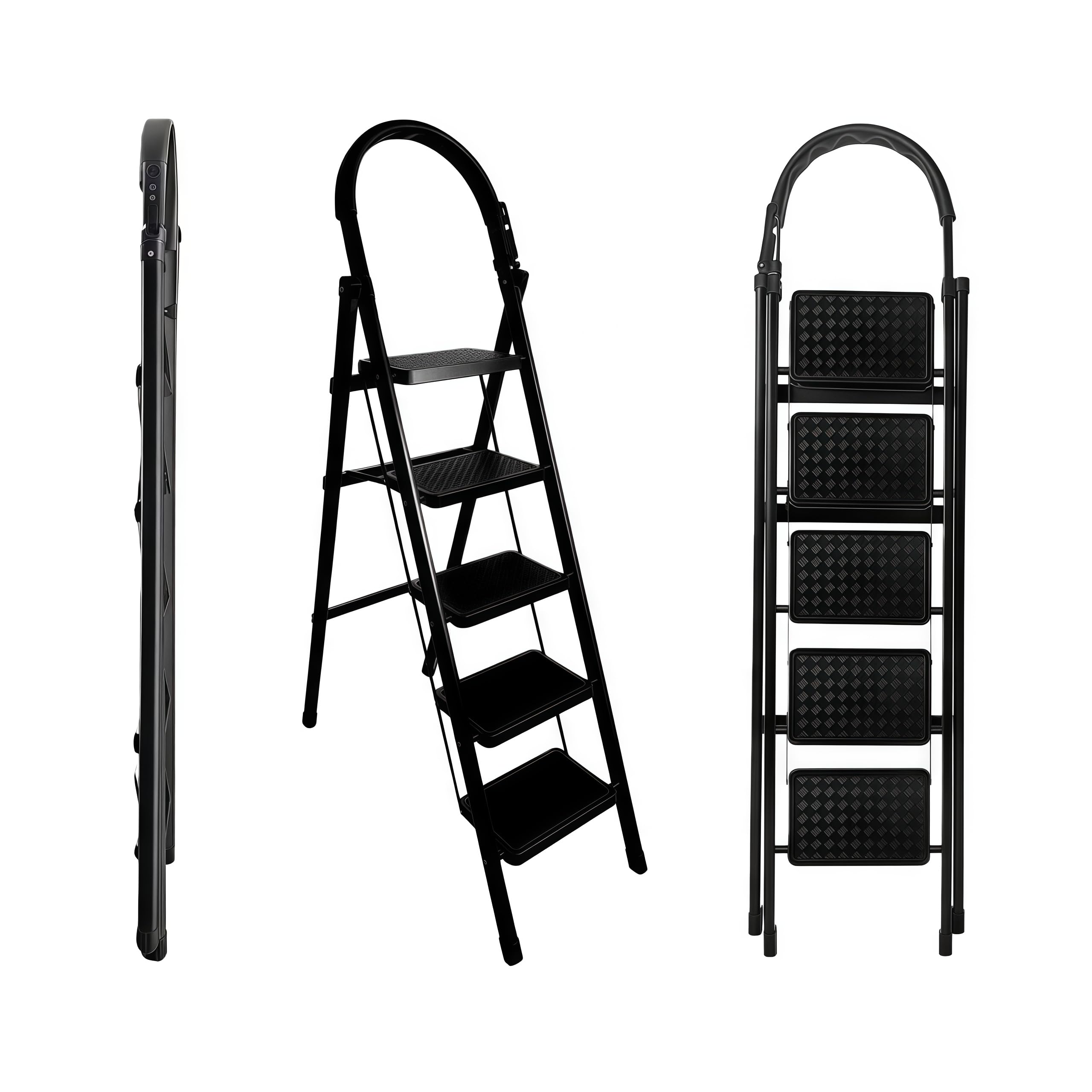 Escalera 5 PedañOs con Acero Inoxidable,Escalera Escaleras Plegables Bandeja de Herramientas,Escalera Plegable Alfombrillas Antideslizantes,Carga Maxima 150kg Blanco Negro