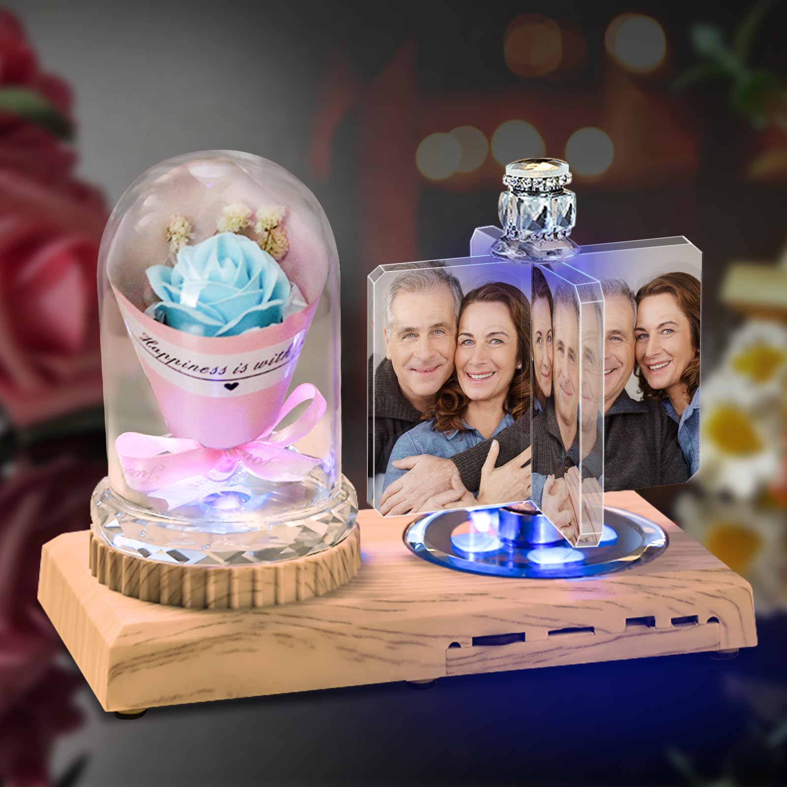 Mexican Custom photo light LED rose flower crystal rectangular photo frame personality light 3D crystal photo frame Christmas gift,BLUE