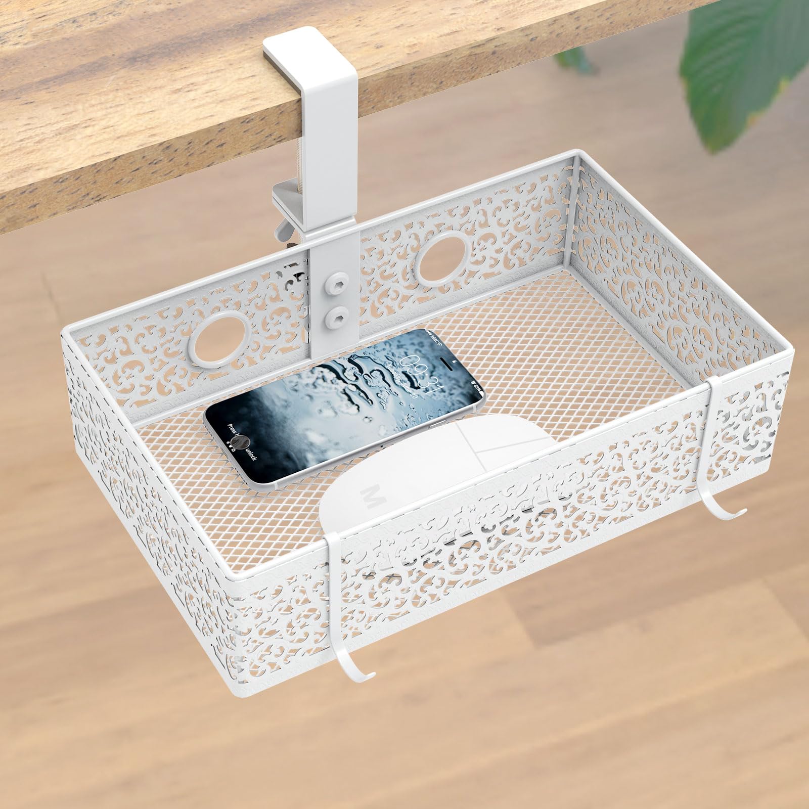 Confezione da 2 cestini portaoggetti da posizionare sotto la scrivania, girevole a 360°, con morsetto, resistente, nascosto, organizer da scrivania per casa, ufficio, scrivania, tavolo,