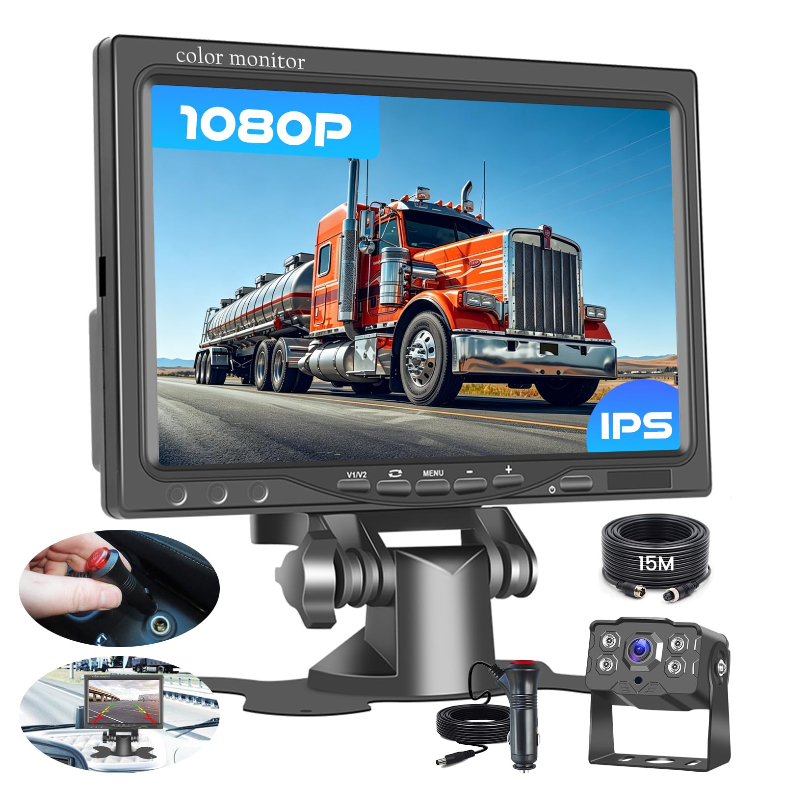 Hikity 1080P Kit De Cámara De Marcha Atrás 7“ IPS con Cámara Impermeable