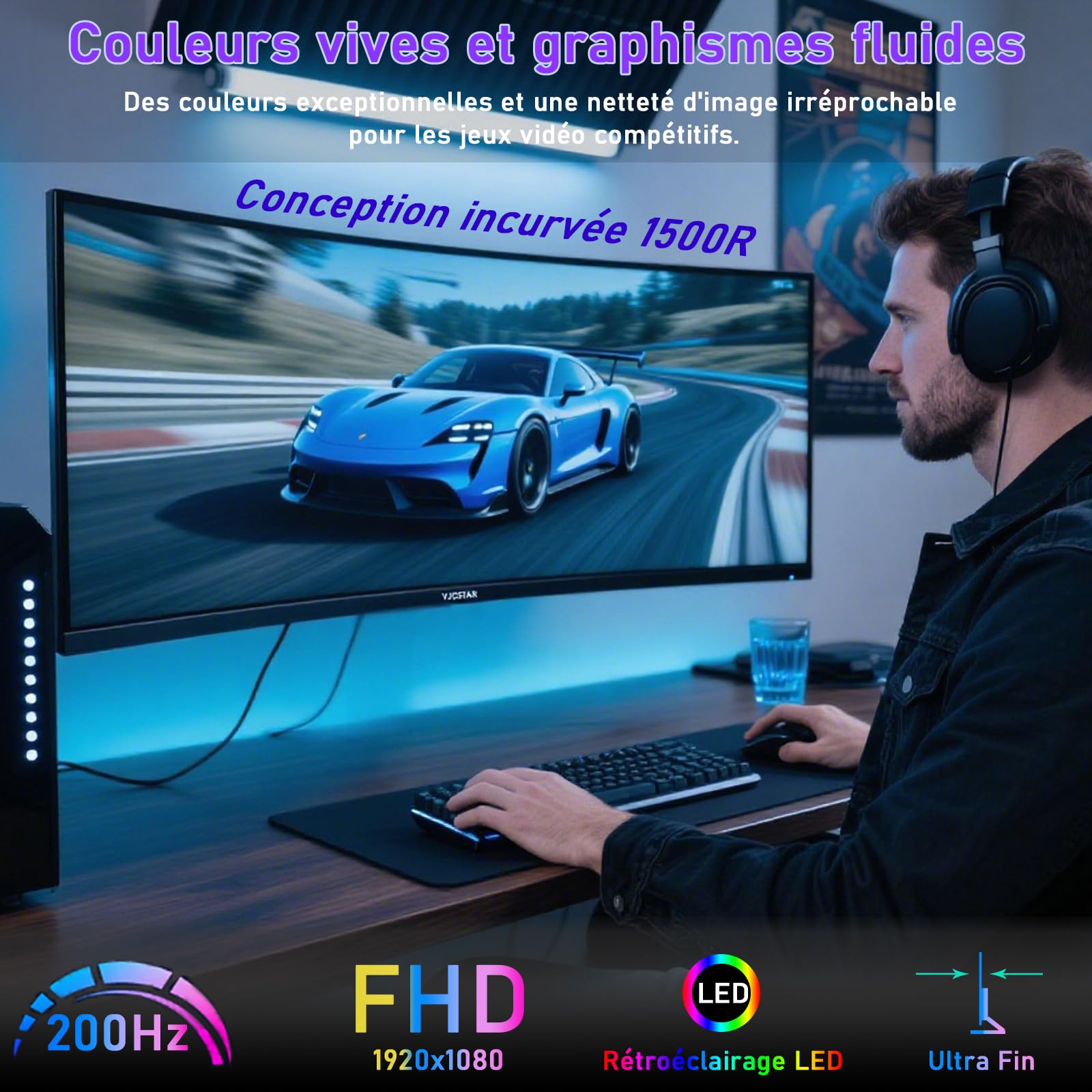 VJCSTAR Écran PC Gamer Incurvé QLED 27 Pouces, 200 Hz, FHD 1080p, 1 ms