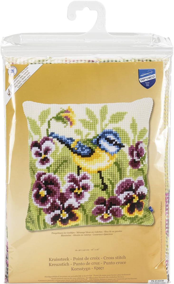 Vervaco Blue Tit on Pansies Cushion Cross Stitch Kit, 15.75" by 15.75"
