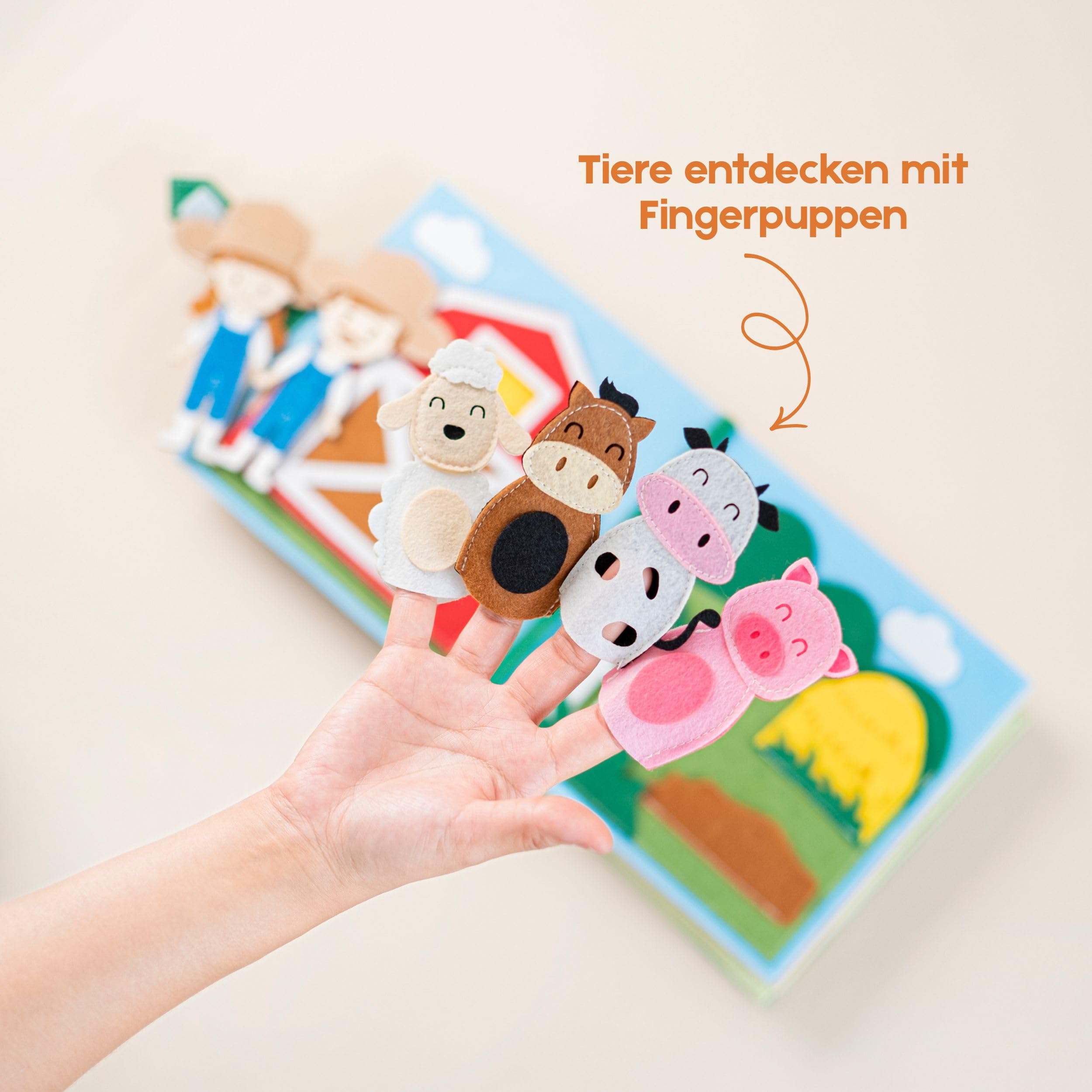 Quiet Book Bauernhof (2 Figuren) Filz-Aktivitätsbuch | Handgefertigt, Tier-Fingerpuppen & Traktor, Bildschirmfreies Spielzeug für Unterwegs, Zuordnung & Zählen, ab 18 Monaten
