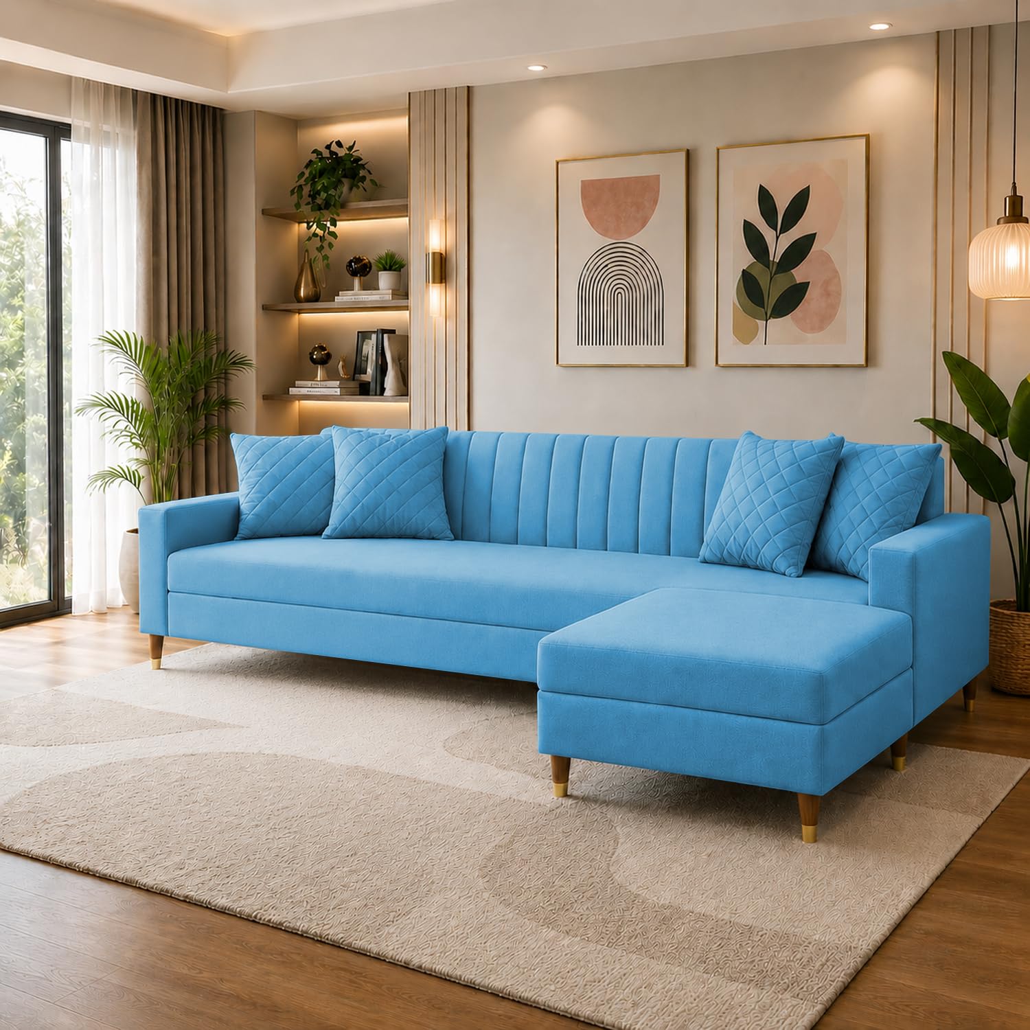 Casaliving Grejoy 4 Seater L Shape Convertible Sofa Set for Living Room, 3 Seater & Ottoman Modular Sectional Couch for Small Space (Aqua Blue) Colour Premium Velvet Fabric Sofa-image-33