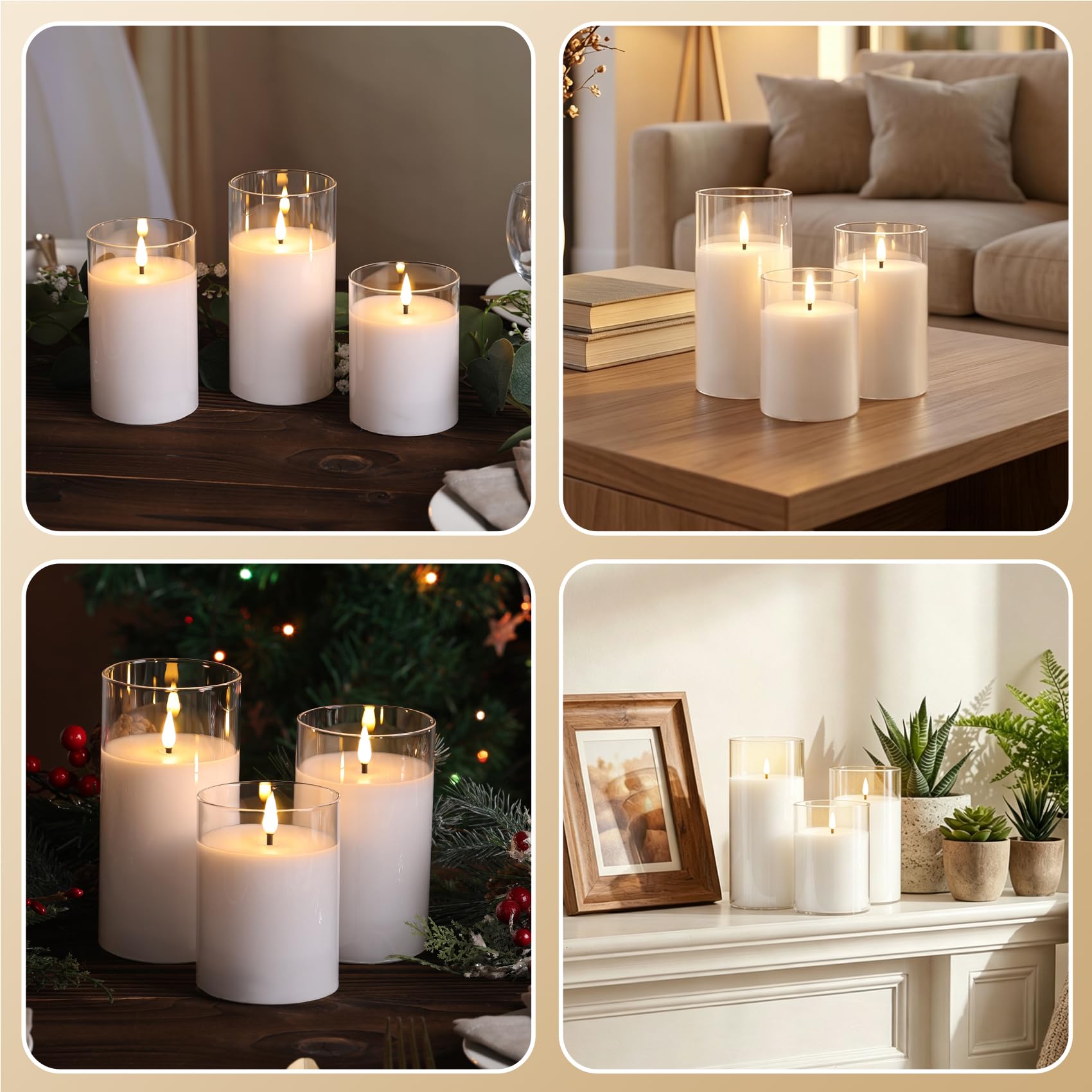 Eywamage Candele cilindriche in vetro trasparente, senza fiamma, tremolanti in movimento, candele a LED in vera cera a batteria, con telecomando, decorazione per la casa, set da 3