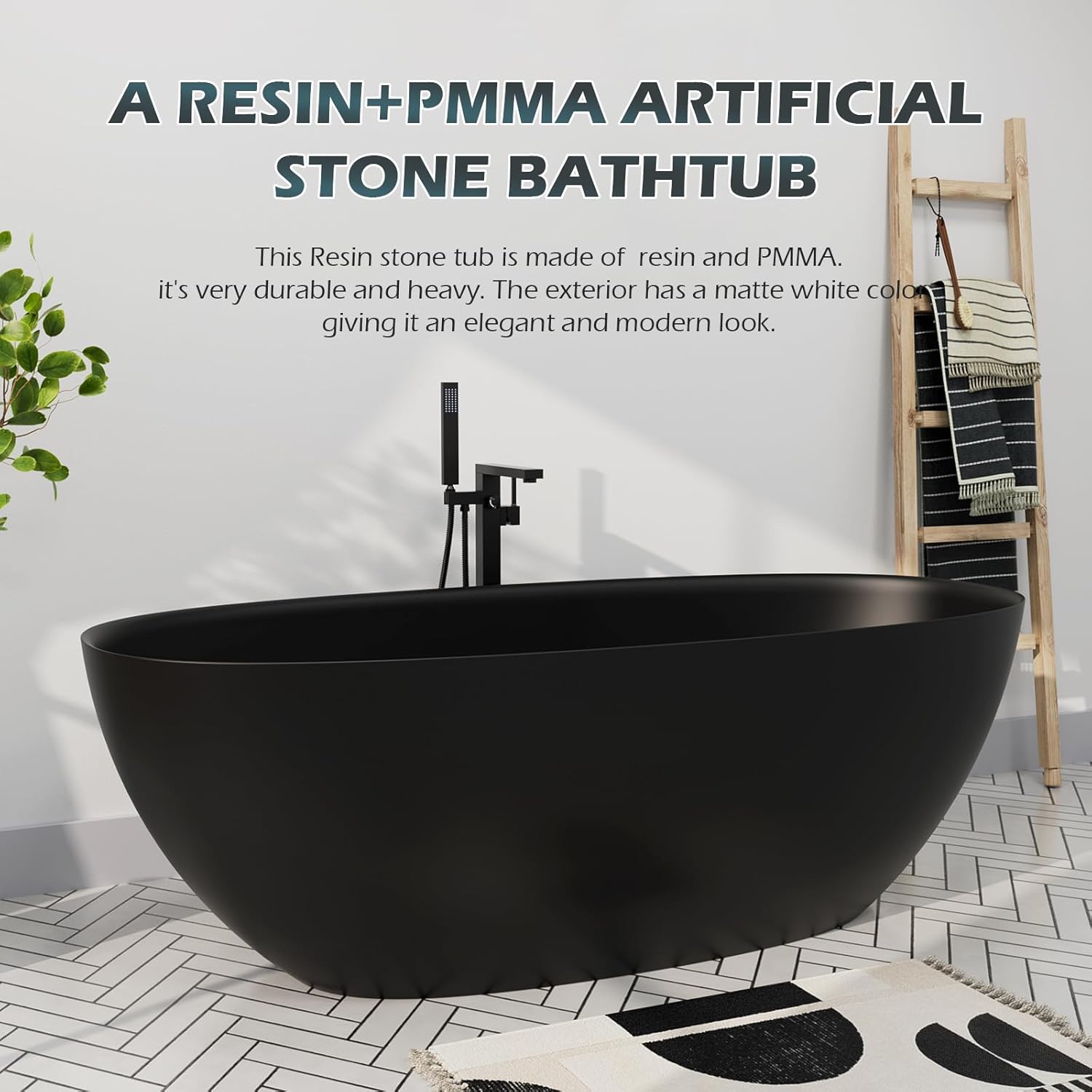 GIVINGTREE 65'' Freestanding Solid Surface Resin Stone Bathtub, Contemporary Design Stand Alone Tub with Pop-up Drain and Overflow, cUPC Certified, Matte Black (Oval)