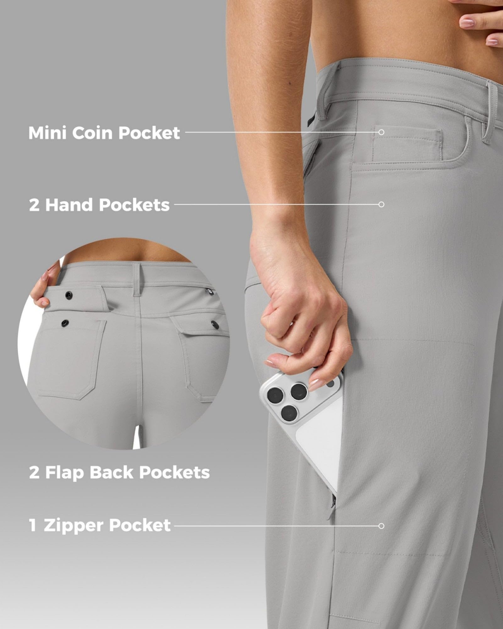 WILLIT Pantalon de randonnée pour femme, à séchage rapide, léger, résistant à l'eau, protection UV UPF 50+, taille élastique, 74 cm avec 4 poches