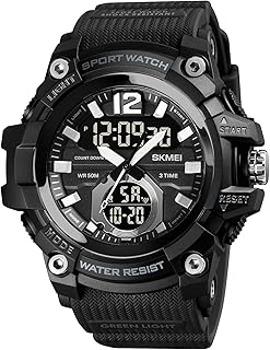 SKMEI ساعة رياضية رجالية رقمية، شاشة LED كبيرة، متعددة المناطق الزمنية، مقاومة للماء، كوارتز تناظري،