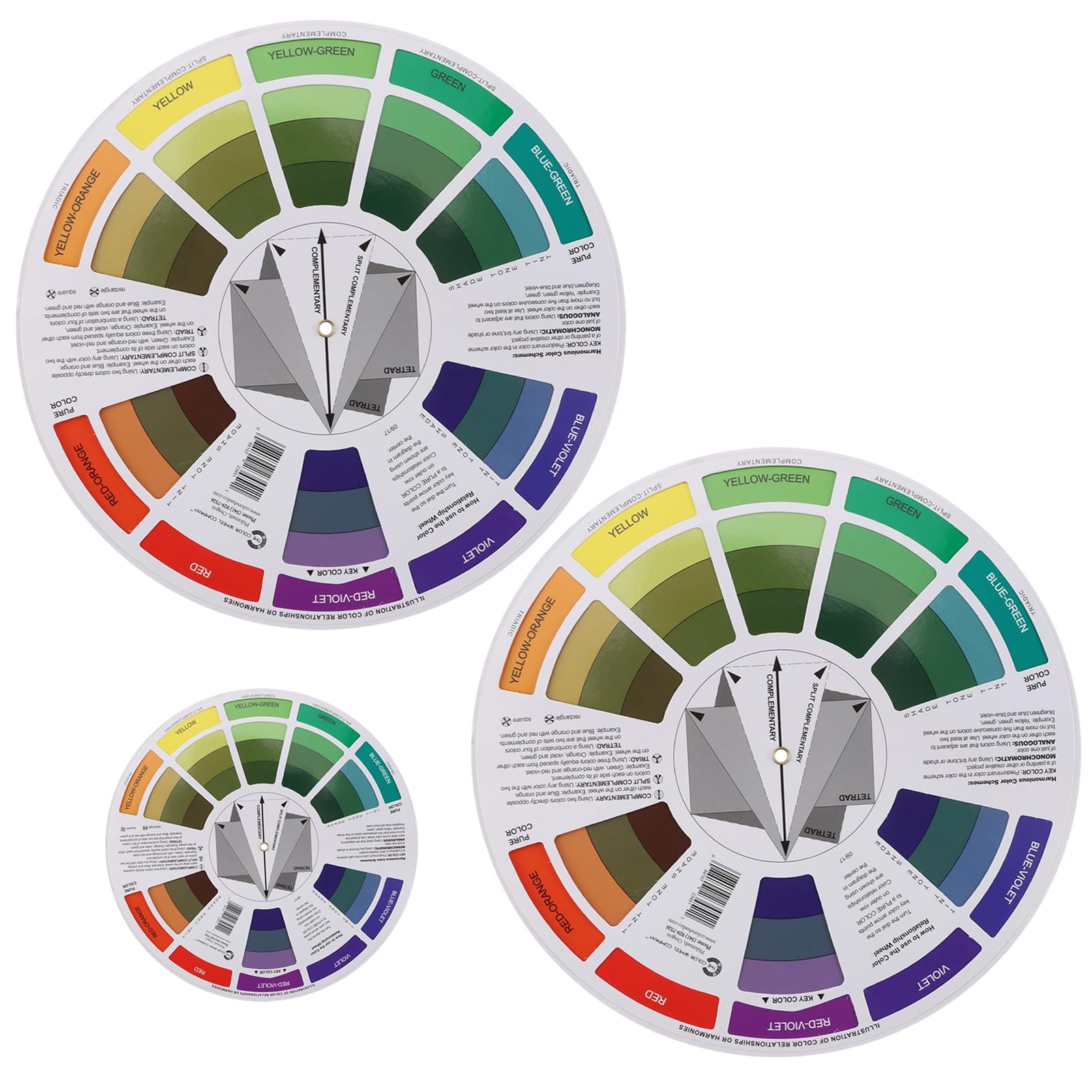 Creative Color Wheels for the Artist, Paint Mixing Guide for Artists Quilters and Makeup Blending, Portable Color Matching Spinner for Watercolor Learning Art Class Teaching (9" 2pcs+5.5" 1pc)