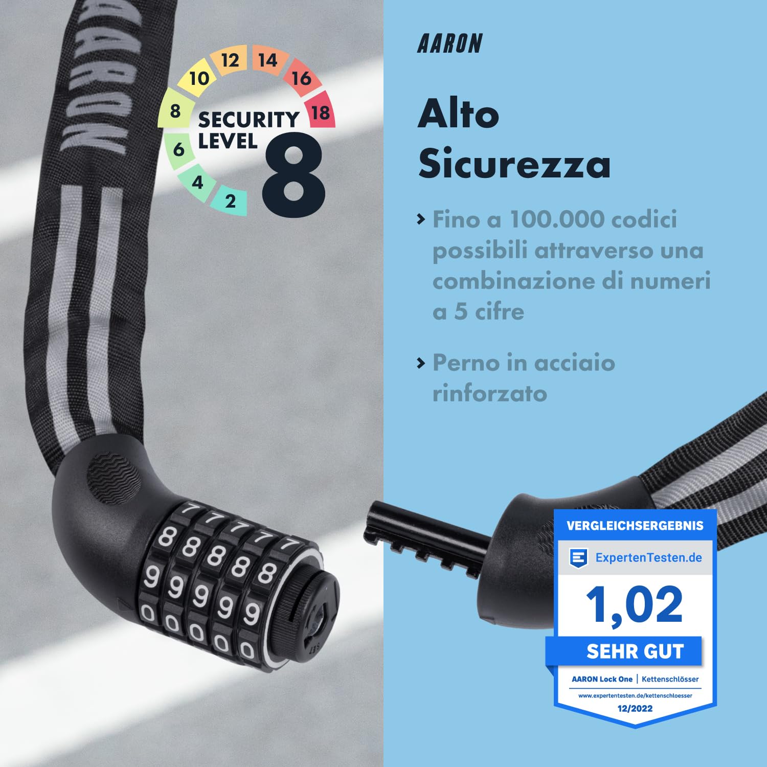 AARON Reflect Fahrradschloss mit 5-stelligem Zahlencode, 110cm Kettenschloss aus Stahl und hoher Sicherheitsstufe, Schloss für für E-Bike, Mountainbike, Trekkingrad, Tourenrad, Rennrad in Schwarz