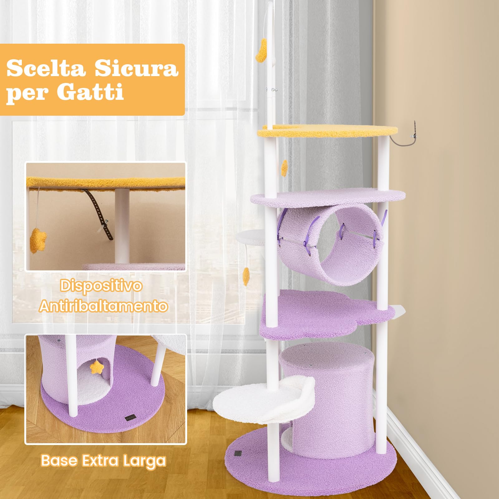 COSTWAY Tiragraffi per Gatti 158cm, Albero per Gatti con Multi Livelli, Struttura in Metallo, Trespolo Superiore e Piattaforme per Salti, Torre per Animali Interno, Viola, Bianco e Giallo