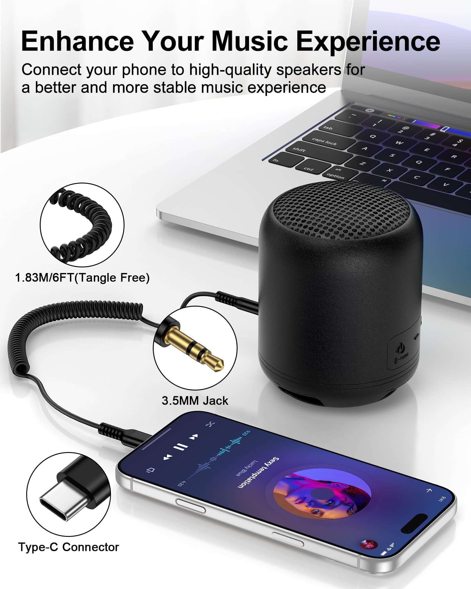 Coiled USB C to 3.5mm Audio Cable, Auxiliary to USB C for iPhone 17/16/15 Pro Max,17e, Retractable 6FT Hi-Fi Type C Aux Cord for Galaxy S26/S25 Ultra, Pixel 10/9, Aux Cable for Car,Headphones,Speakers — view 2