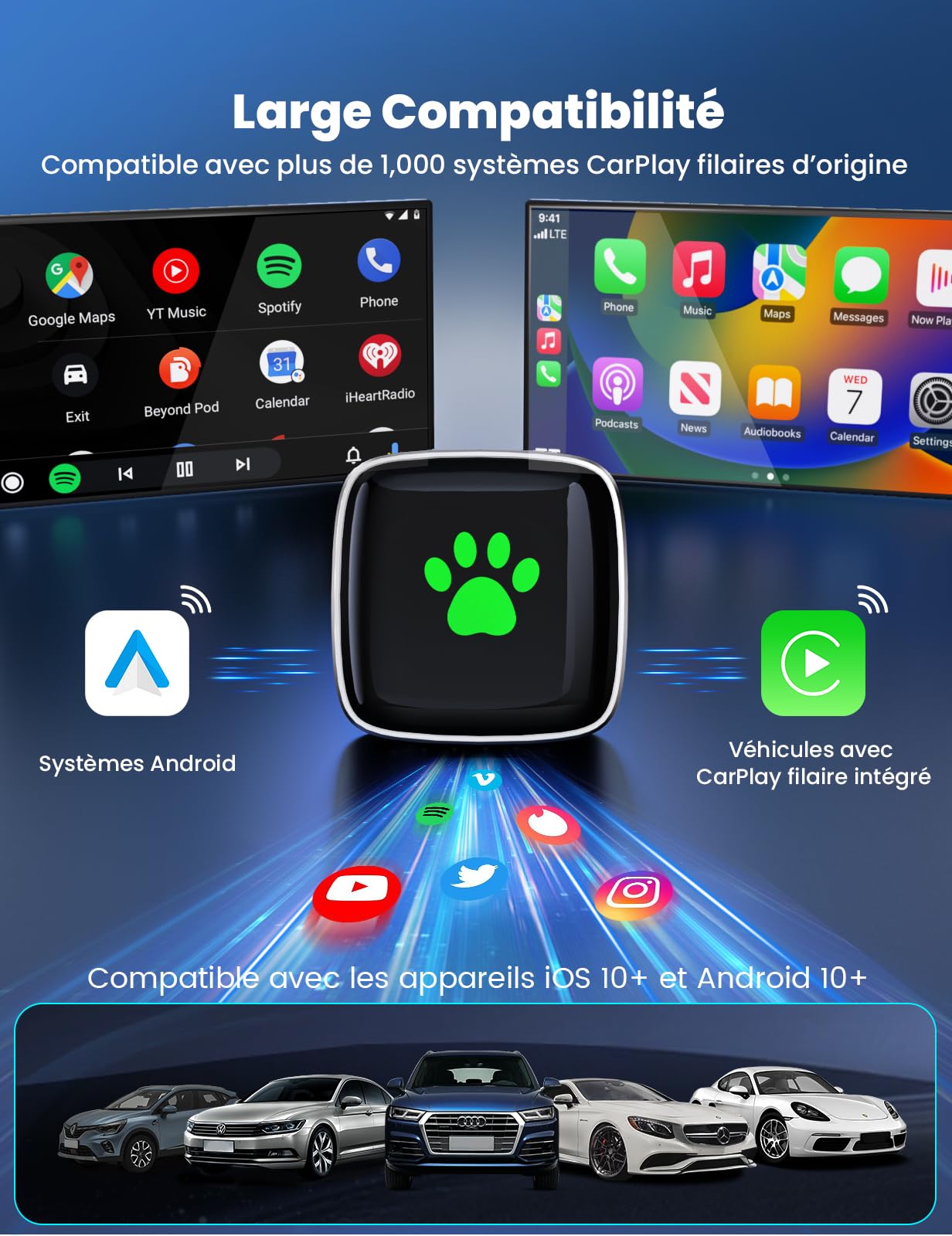 2026 Adaptateur Carplay sans Fil, Mini Carplay sans Fil pour iPhone et Plus de 1k+ Voitures, Type-C/USB, Connexion Rapide Stable, Compatible avec iOS 12+/Android 11+et Autos à partir de 2016