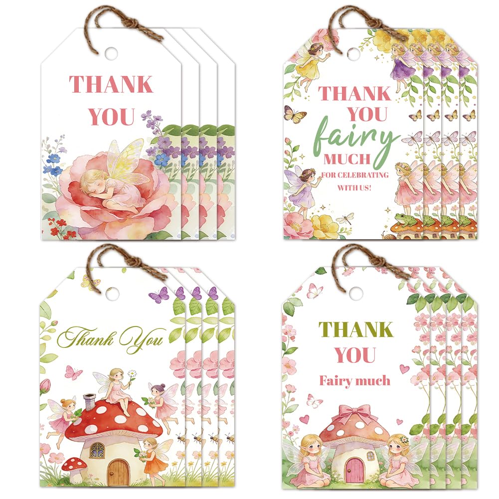 CRAFTYMELODY 80Pcs Fairy Thank You Tags 4 Style Fairy Gift Wrap Tags with String Party Favors Floral Mushroom Label Tag Thank You for Celebrating with US 2×3 Inch for Birthday Party Favor Decor DIY