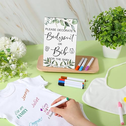 Miniatura 5 de Juego de 35 baberos para baby shower, diseño de babero de madera, vegetación de madera, letrero de juego para baby shower, 15 baberos blancos en