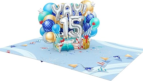 Miniatura 4 de Liif Tarjeta de cumpleaños de 15 años, tarjeta de cumpleaños desplegable 3D para niños de 15 años, para niños, hijos, sobrinos, adolescentes, globos