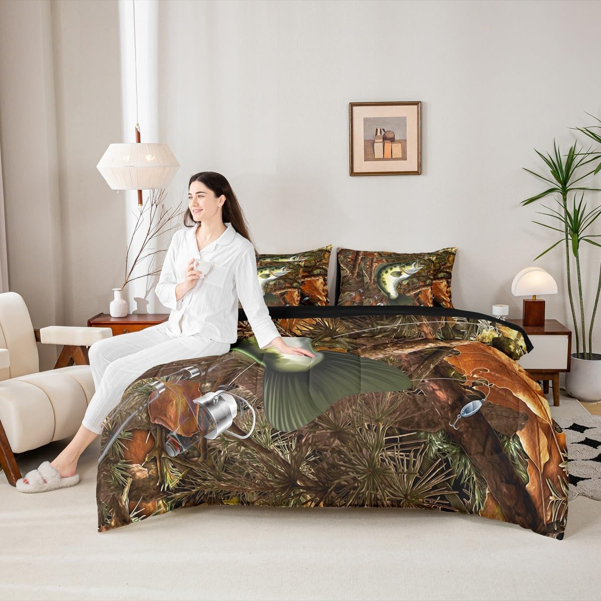 Erosebridal Bass Fish Hunting Bed in a Bag Full Pike Fish Fishing Rod 7 Piece Comforter Set for Men Women Fisherman Fishing Lover,Retro Wooden Branches Flat Fitted Sheet Rustic Farmhouse Bedding Set