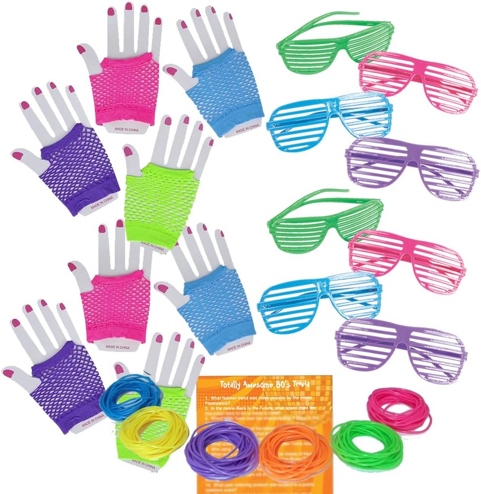 Multiple 80s Rock Star or Pop Dress-Up Set for 12-12 Pairs Fingerless Fishnet Wrist Gloves, 12 Sunglasses, 144 Neon Gel Bracelets and 80s Trivia Questions