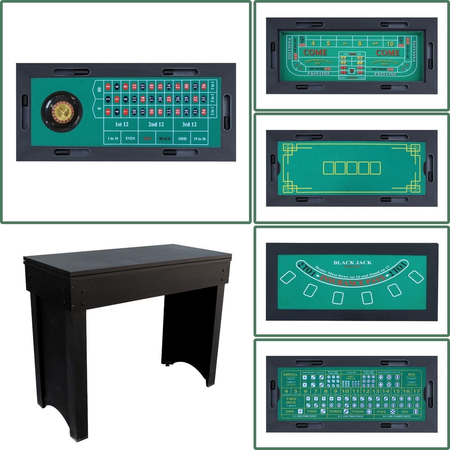 Bar de Casino Multifonction 6-en-1, Roulette, Blackjack, Craps, Poker, Sic-bo et pateau de Bar