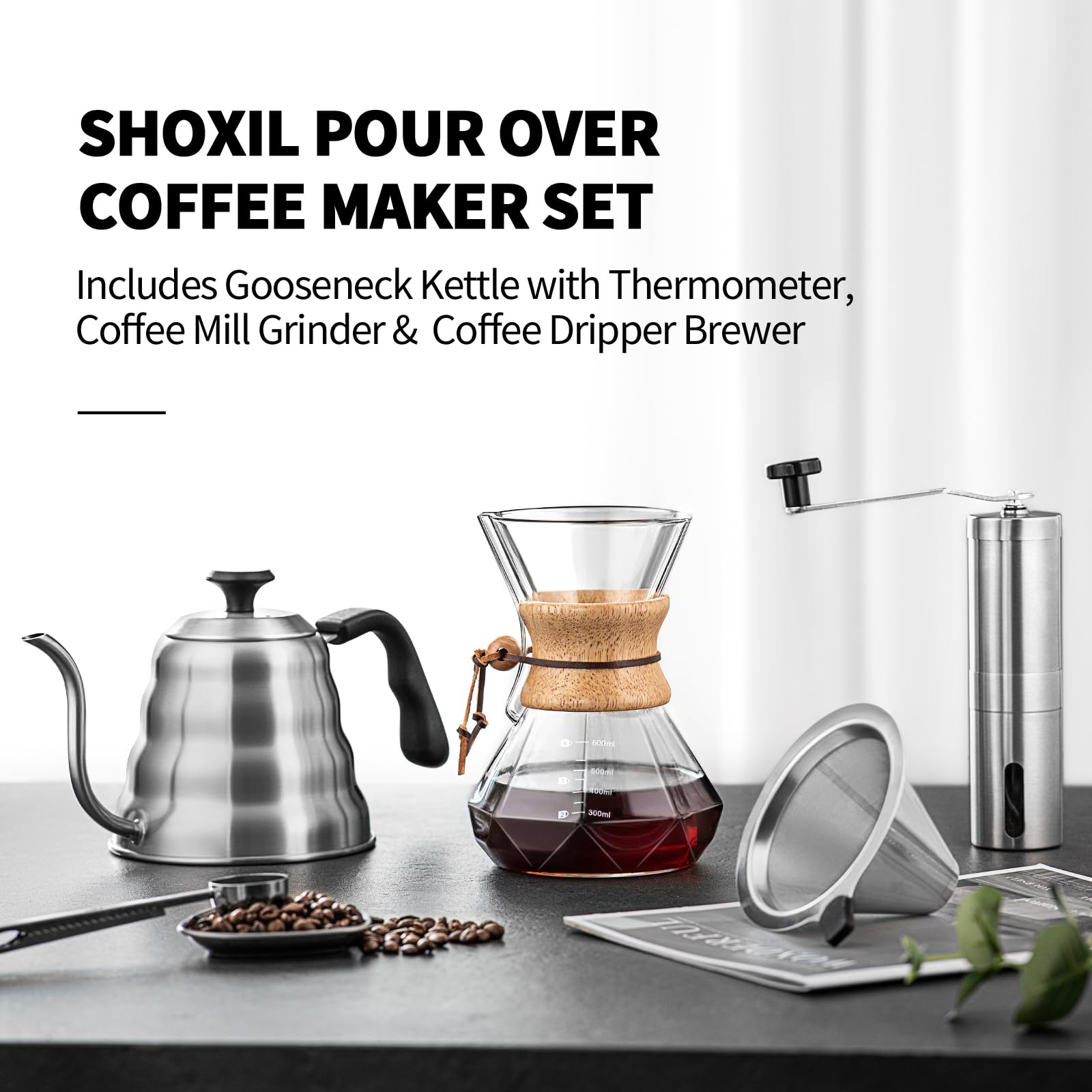 Pour Over Kaffeebereiter-Set – 1,2 l Schwanenhals-Wasserkocher mit Thermometer, Kaffeemühle & 590 ml Tropfkaffeemaschine – Edelstahl Pour Over Kaffee-Set