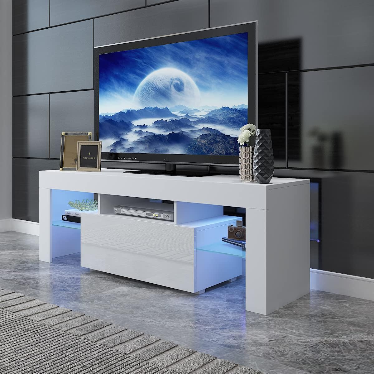 Modern TV Stand with High Gloss LED Lights, Large Television Stands for 50/55Inch TV, Entertainment Center Wood Media Console TV Cabinet with Storage and 2 Drawers (White)