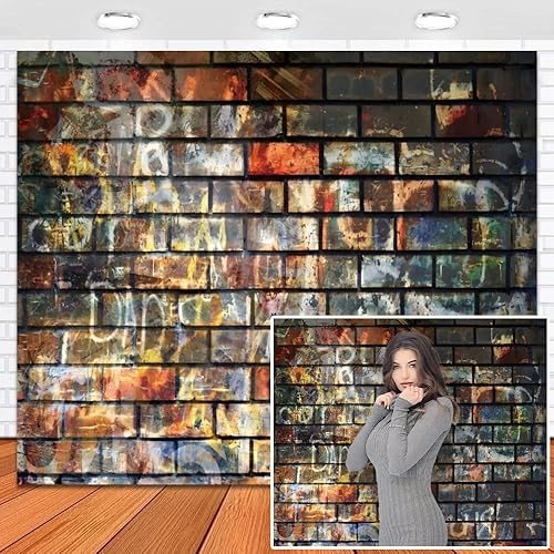 Leowefowa Fondo de pared de ladrillo de graffiti retro para fotos, 10 x 8 pies, vinilo de regreso a los años 80, 90, hippie, hip hop, arte