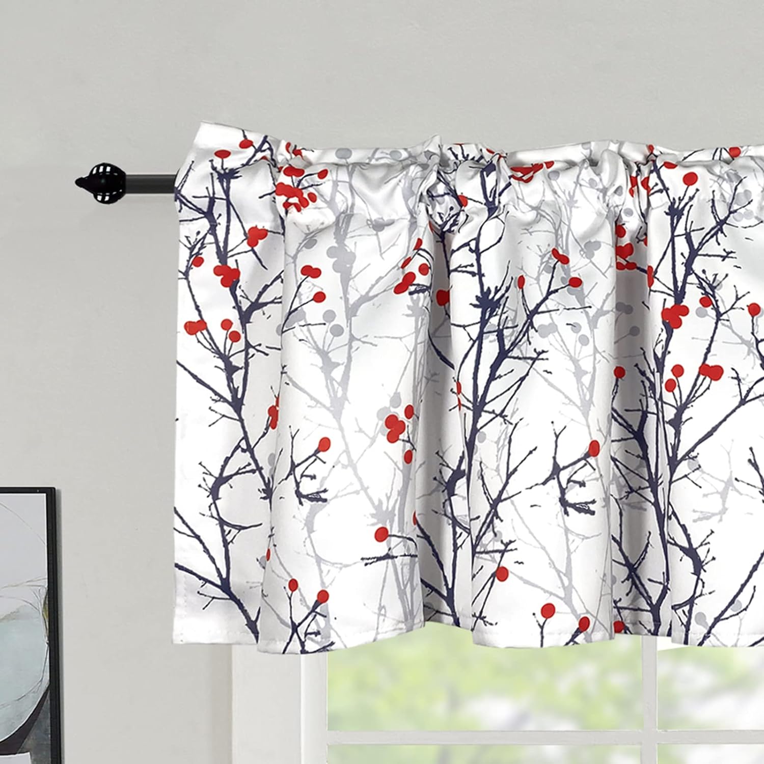 poefun 2 Panels Blackout Curtain Valances for Kitchen Windows - Tree Branches Printed Short Valances for Bedroom/Living Room/Bathroom/Farmhouse/Laundry with Rod Pocket 52 x 18 Inches Long, Grey