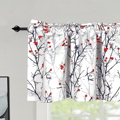 Miniatura 8 de 4 paneles de cenefas opacas para ventanas de cocina, cenefas cortas con estampado de ramas de árbol de cerezo rojo para dormitorio, sala de estar,