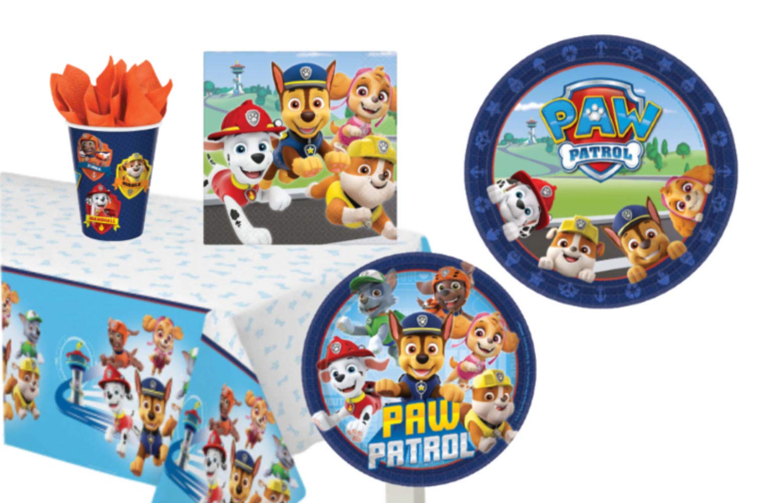 Paw Patrol Adventures Party Supplies: Bundle Includes Plates, Napkins and Cups for 16 People Plus a Tablecover with Chase, Marshall, Skye, Rubble, Zuma, Rocky, and Ryder